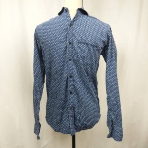 Zara Blue White Printed Button Down Long Sleeve Men's Shirt S - Picture 1 of 10